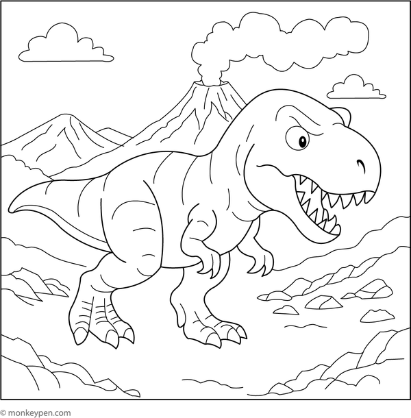 Printable Tyrannosaurus in a Volcanic Landscape Coloring Sheet for Kids