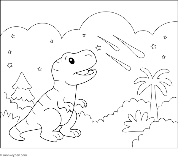 printable Tyrannosaurus Watching a Meteor Shower Coloring Image for Kids
