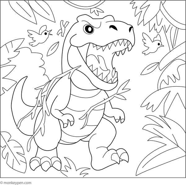 Printable Tyrannosaurus Rex Breaking Through the Jungle Coloring Sheet for Kids