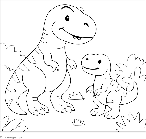 Free Printable T. Rex Family Coloring IMage for Children