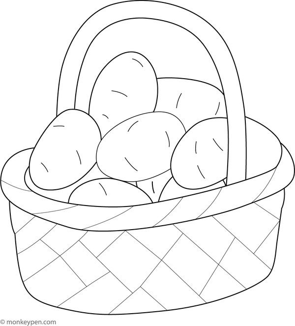 Printable coloring page of a woven basket filled with freshly harvested potatoes for children.