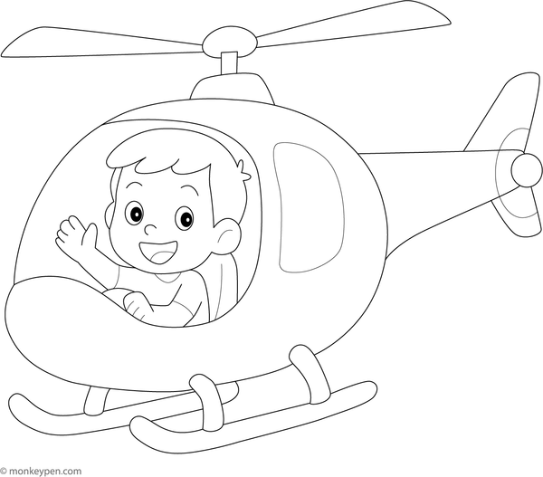 Young boy flying a helicopter through the sky, ready for coloring.