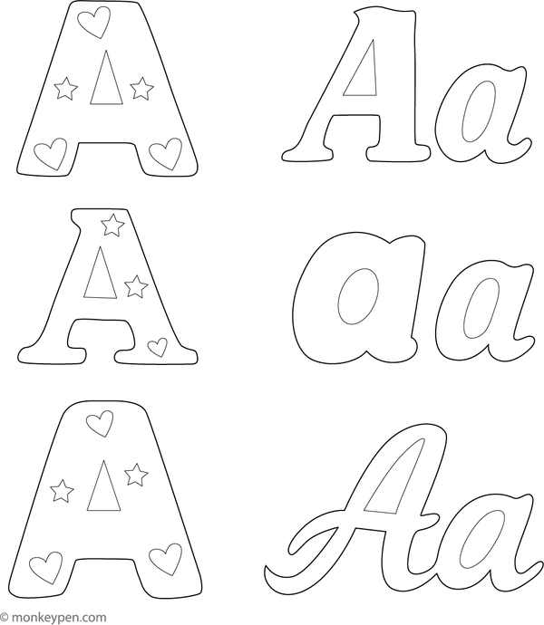 Printable Coloring sheet displaying the letter A in various fonts, allowing children to explore different letter shapes through coloring.