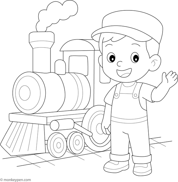 Young boy acting as a train engineer operating a steam locomotive, ready for coloring.