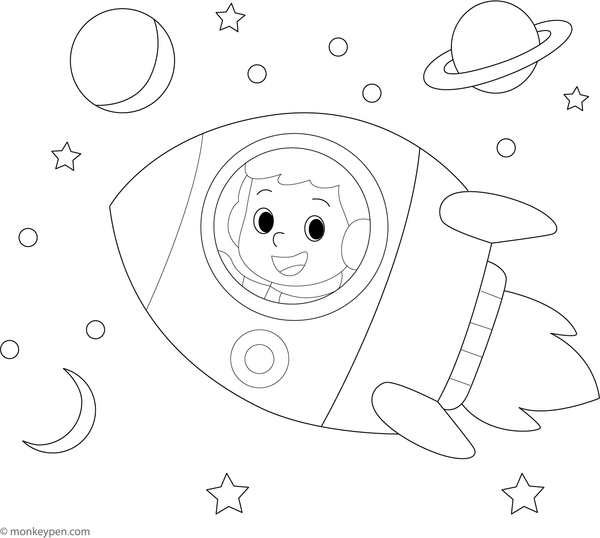Young astronaut boy in a rocket ship flying through space, ready to be colored.
