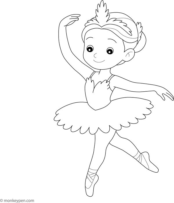 Ballerina in Swan Lake costume with a flowing tutu and feathers, ready for coloring.
