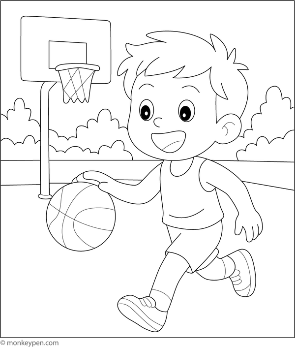 Young boy dribbling a basketball on the court, ready for coloring.