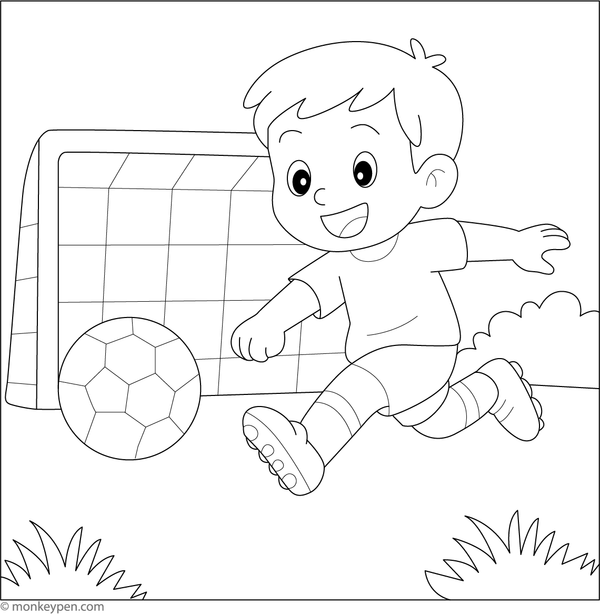 Boy kicking a football across the field, ready to be colored.
