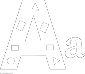 Coloring page presenting the letter A formed from various shapes, ideal for children learning letters and basic geometry concepts.