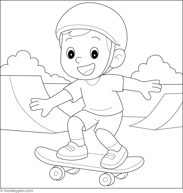 Boy riding a skateboard and performing tricks, ready to be colored.