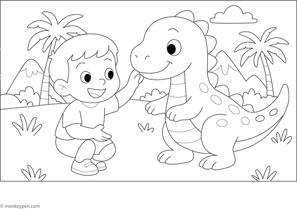 Boy playing with a pet dinosaur in a fantastical setting, ready to be colored.
