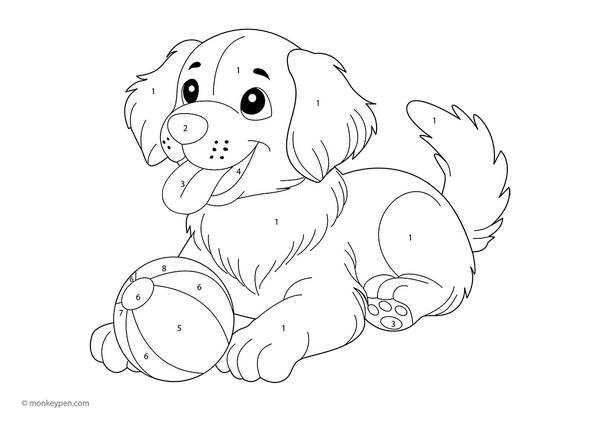 Free downloadable color-by-number worksheet showing a playful dog with a ball, featuring numbered sections on the fur, toy, and background—perfect for kids to build number skills while enjoying a fun dog-themed activity.