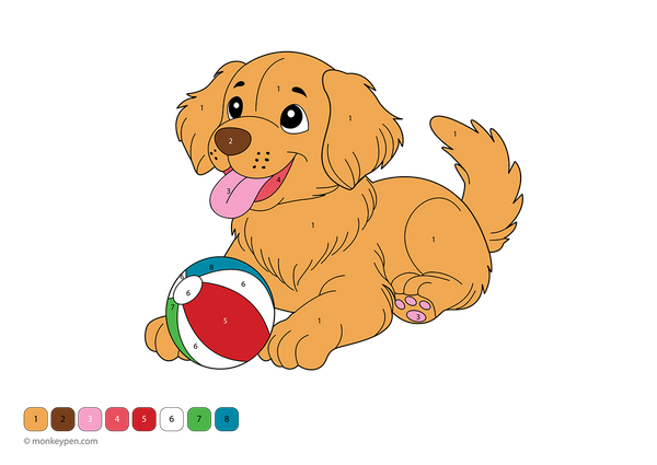 Free downloadable color-by-number worksheet showing a playful dog with a ball, featuring numbered sections on the fur, toy, and background—perfect for kids to build number skills while enjoying a fun dog-themed activity.