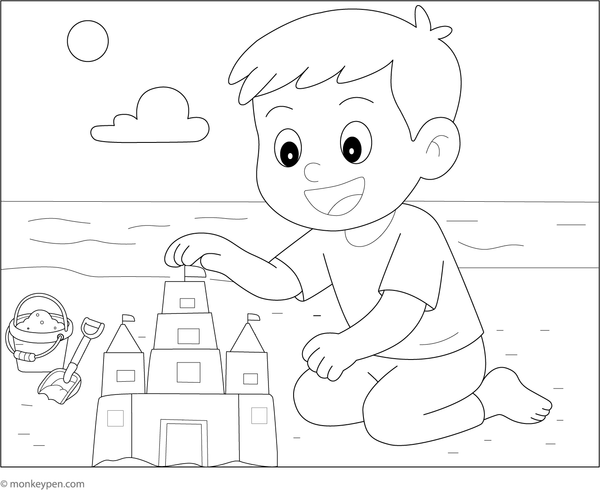 Boy constructing a sandcastle on the beach, surrounded by seashells and ocean waves, ready for Coloring.