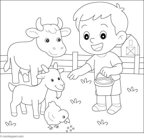 Boy feeding farm animals, including chickens, goats, and cows, near a barn, ready for Coloring.
