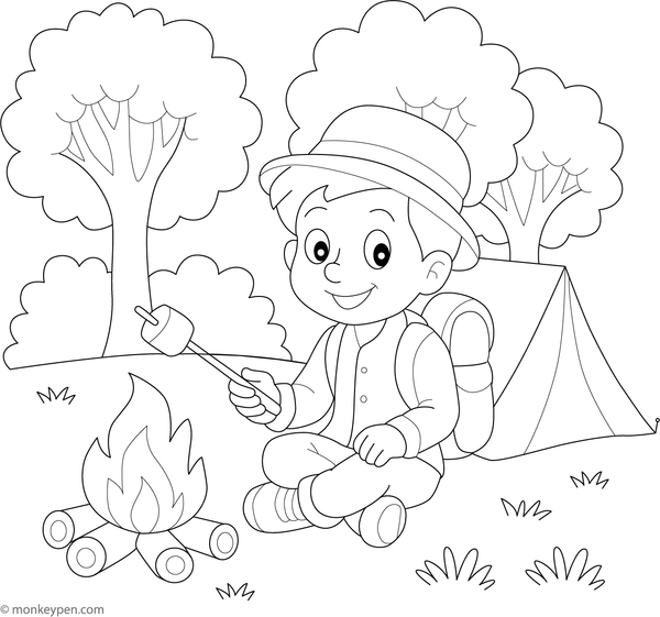 Boy camping in the woods, sitting by a campfire with a tent nearby, ready for Coloring.