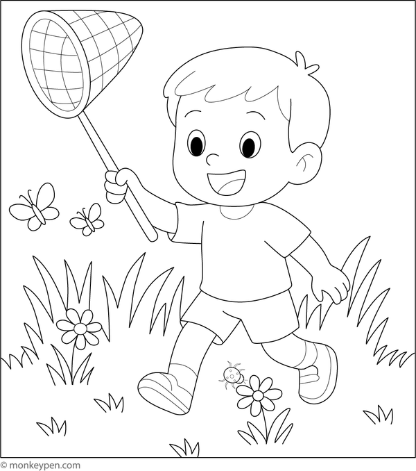 Boy catching bugs with a net amidst flowers and insects, ready to be Colored.