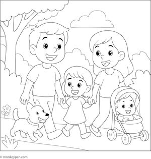 Family walking together in a park, surrounded by trees and flowers, ready to be Colored.