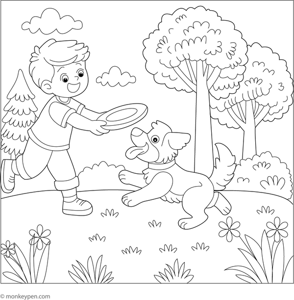Boy Training Dog Coloring Page