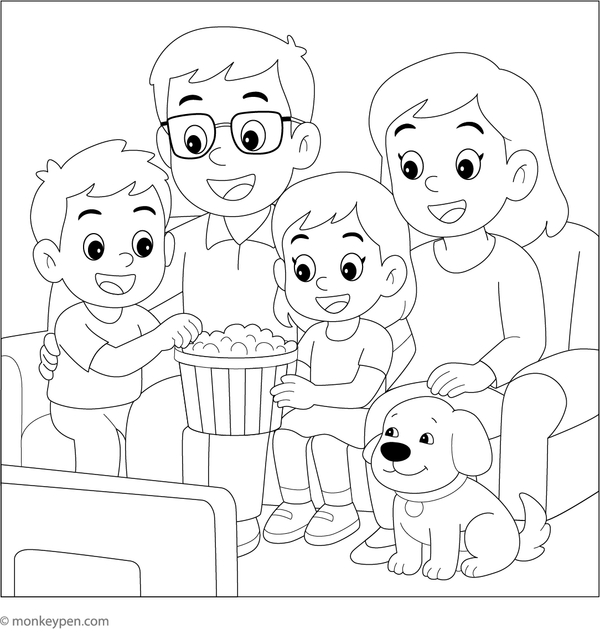 Family gathered on the couch to watch a movie, ready for Coloring.