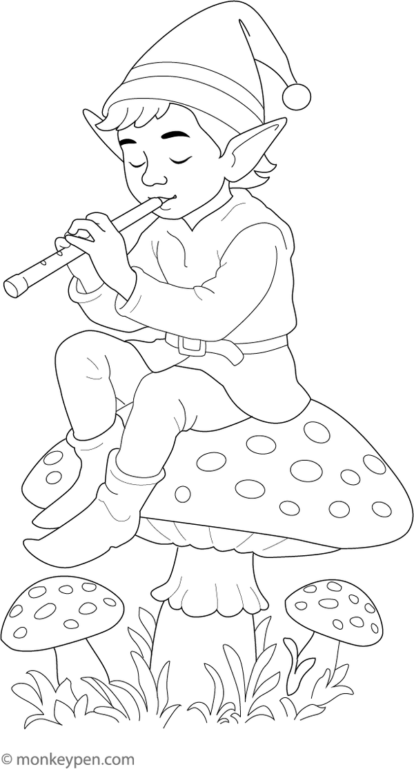 Forest elf sitting on a mushroom amid plants and animals, ready for coloring.
