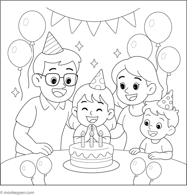 Family celebrating a birthday with a cake and candles, set for coloring.