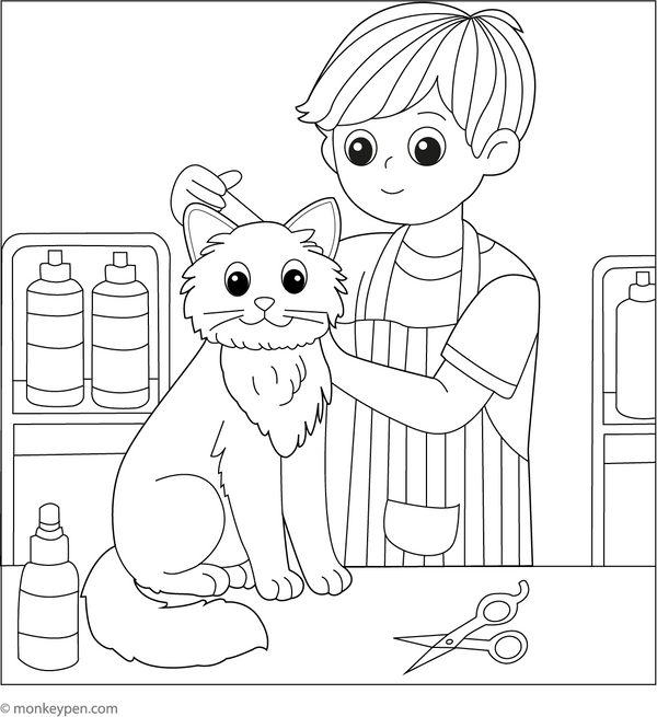 Cat Grooming Coloring Page