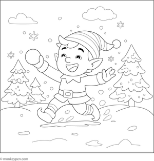 Elf playing in the snow, building a snowman and having fun, ready for coloring.