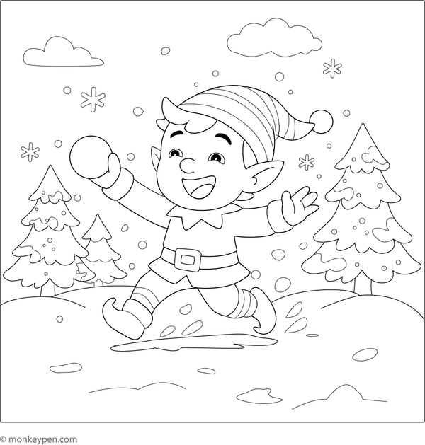 Elf playing in the snow, building a snowman and having fun, ready for coloring.