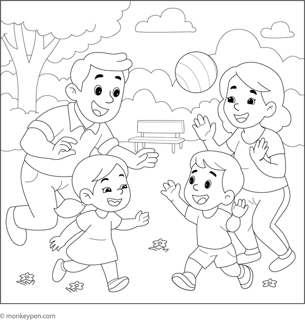 Family engaging in outdoor play in the park, with swings and open space, ready for coloring.