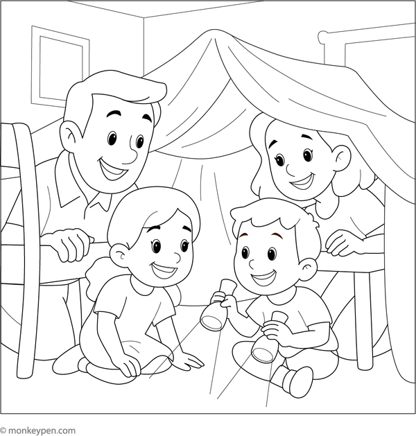 Family constructing a blanket fort indoors, with pillows and blankets, ready to be colored.