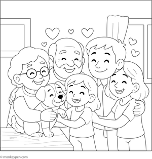 Family snuggling together on a couch, wrapped in blankets, ready for coloring.