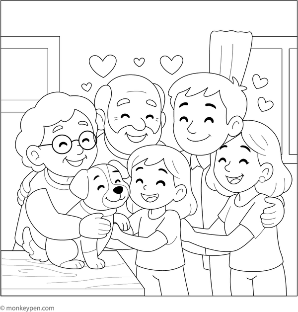 Family snuggling together on a couch, wrapped in blankets, ready for coloring.