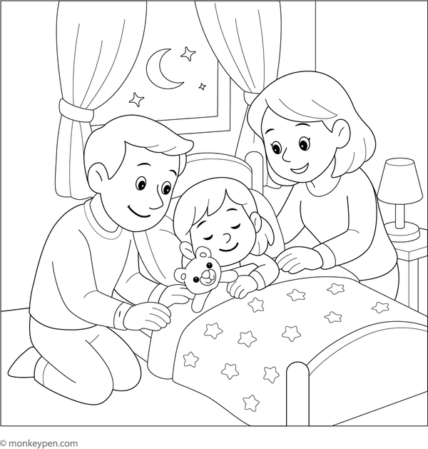 Parents kiss and tuck their child into bed, surrounded by stuffed animals and warm blankets, ready to be colored.