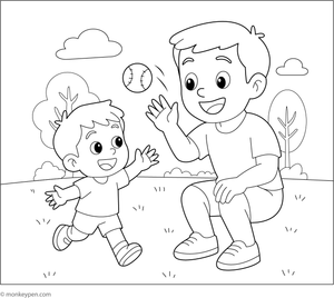 A father and child playing outdoors with a ball, capturing a joyful and energetic atmosphere, suitable for coloring.