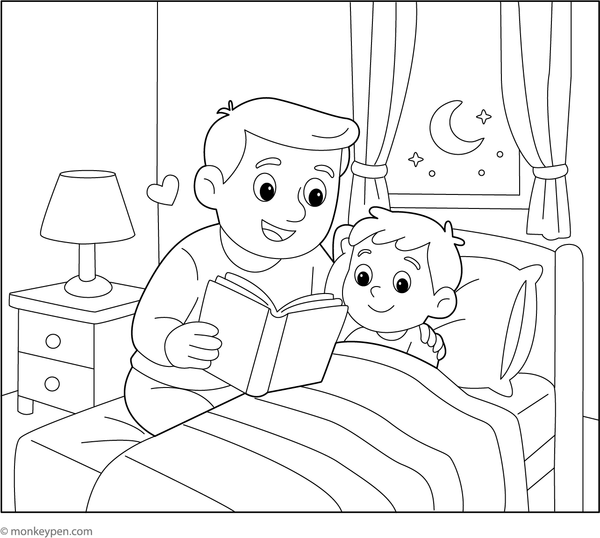 A father reading a bedtime story to a child in a cozy bedroom filled with plush toys, ready to be colored.