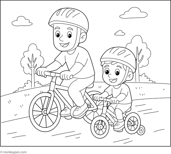 A father and child riding a bicycle outdoors, both smiling and enjoying the ride, ready for coloring.