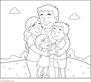 A family sharing a loving hug in a cozy or outdoor setting, ready to be colored.