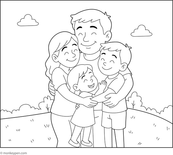 A family sharing a loving hug in a cozy or outdoor setting, ready to be colored.