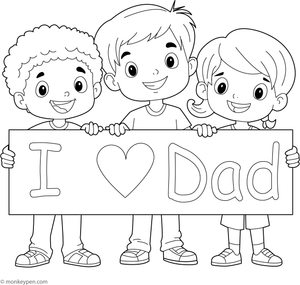 Children smiling and holding “I Love Dad” signs, surrounded by festive decorations, ready to be colored.