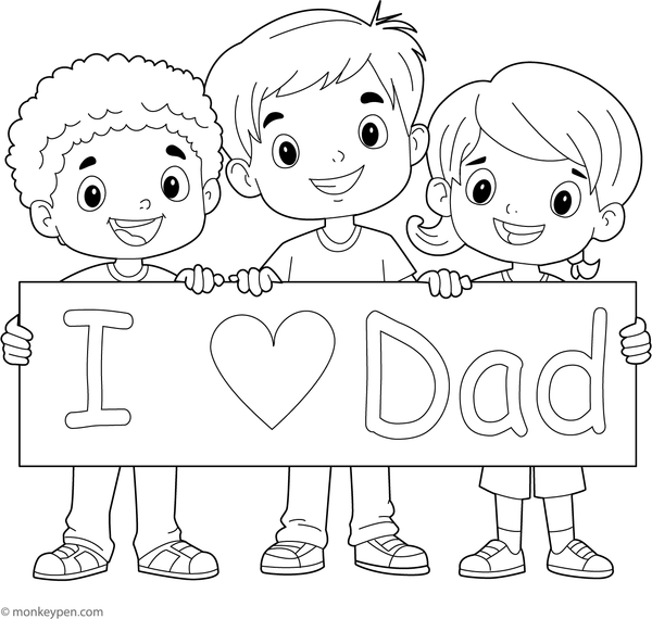 Children smiling and holding “I Love Dad” signs, surrounded by festive decorations, ready to be colored.