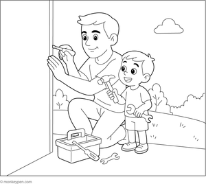 Father working with a toolbox, surrounded by tools and repair items, prepared to be colored.