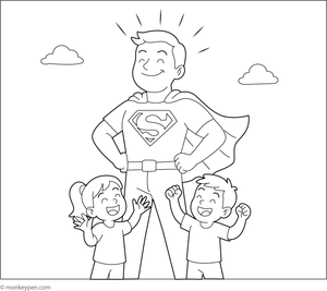 Father as a superhero, with cape and costume, prepared to save the day and ready to be colored.