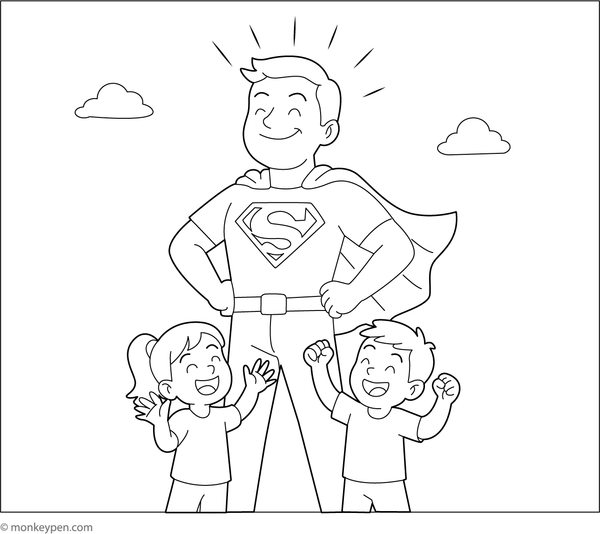 Father as a superhero, with cape and costume, prepared to save the day and ready to be colored.