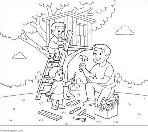 Father and children building a treehouse in a tall tree, with tools and materials, ready to be colored.