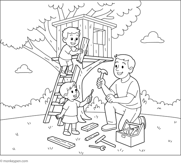 Father and children building a treehouse in a tall tree, with tools and materials, ready to be colored.