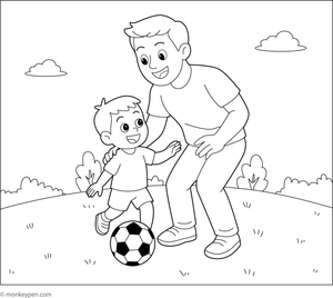 Father instructing a child in a sport, with equipment and outdoor setting, prepared to be colored.