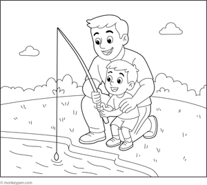 Father and child fishing together by a lake, with rods and peaceful landscape, ready to be colored.