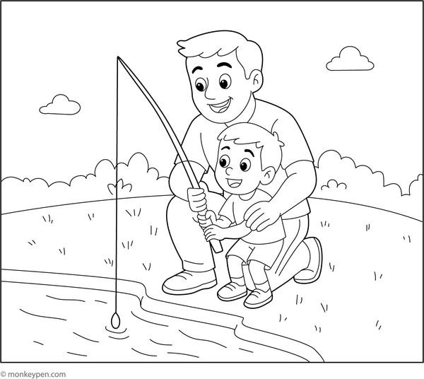 Father and child fishing together by a lake, with rods and peaceful landscape, ready to be colored.