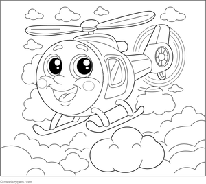 Cartoon helicopter with a smiling face flying in the sky, designed for coloring.